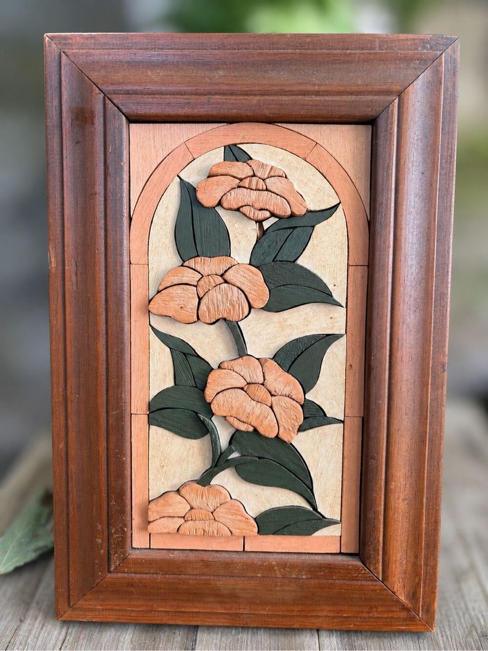 Vintage Folk Art Floral Wood Wall Hanging Marquetry Brown Cottagecore Boho